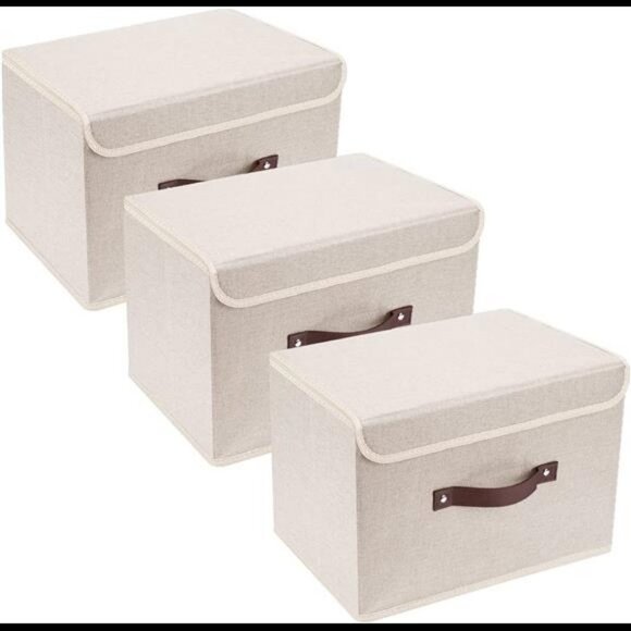 Foldable Storage Boxes with Lids 3 Pack - Beige - Picture 4 of 7